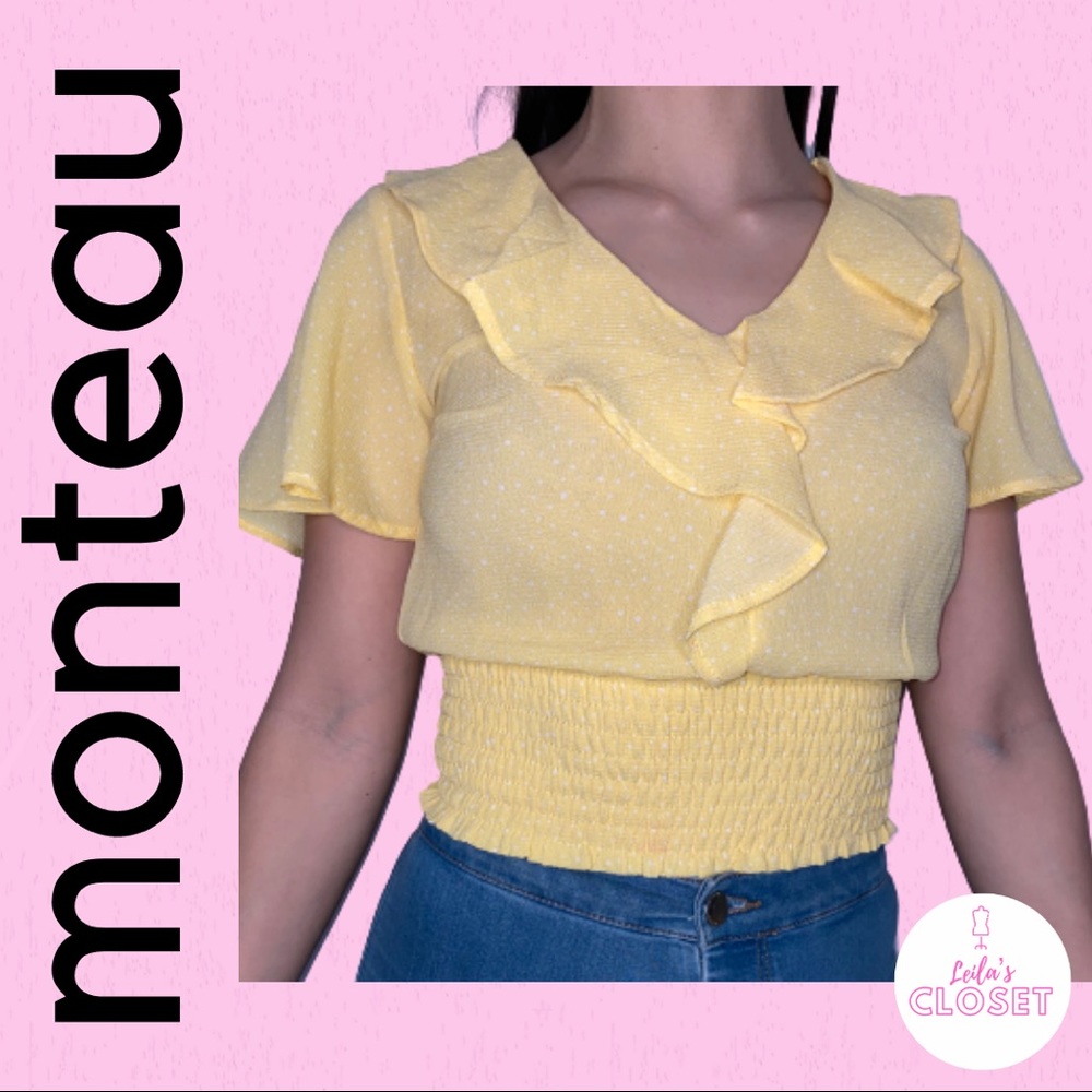 Monteau yellow and white polka dots blouse.